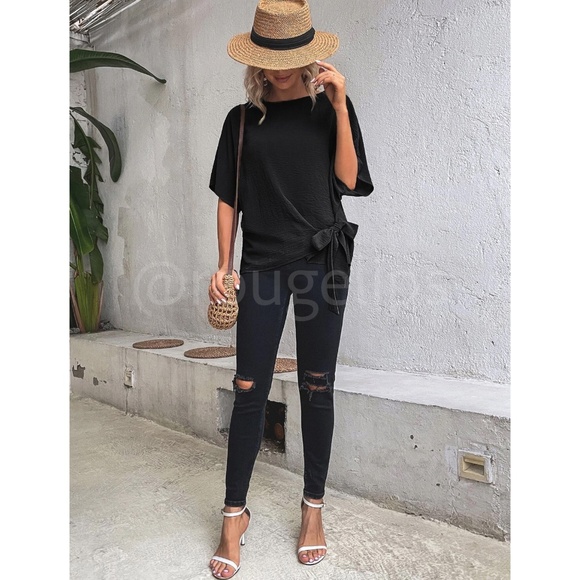 Side Tie Black Blouse Top Flowy Batwing Sleeve Relaxed Fit - Picture 5 of 7